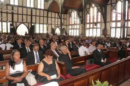 (From left) Human Services Minister Jennifer Webster, APNU MP Amna Ally, APNU leader David Granger, and Finance Minister Ashni Singh at the funeral service of the Lawrence Williams at the St George’s Cathedral. 