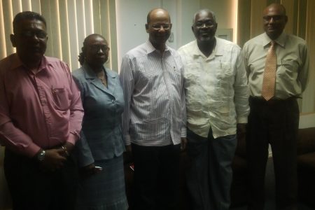 From left to right are PPP Executive Secretary Zulfikar Mustapha, GECOM’s Beverly Critchlow, PPP General Secretary Clement Rohee, GECOM’s CEO Keith Lowenfield and GECOM’s Vishnu Persaud.