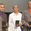 Recipients of the 2014 Anthony N Sabga Caribbean Awards For Excellence, from left, Professor Liam Teague, Karen de Souza and Dr Richard Robertson, at the awards ceremony at the National Academy for The Performing Arts (NAPA), Port-of- Spain, on Saturday evening. 