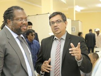 Counsel for the Rodney Commission of Inquiry, Glen Hanoman (right) with Selwyn Pieters who is representing the Trades Union Congress, at the hearing.
