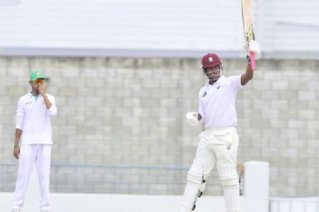 Leon Johnson acknowledges the applause after reaching his half century on the opening day of the second four day match between the West Indies Sagicor High Performance Centre team and Bangladesh A at the Kensington Oval. (Photo courtesy of WICB media)
