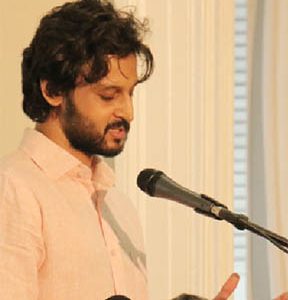 Rahul Bhattacharya at a Moray House Trust reading on May 13th (Arian Browne photo)