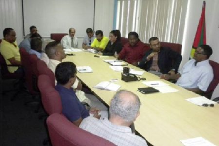 Minister of Natural Resources and the Environment Robert Persaud (second from right in background) and others at the meeting. (Ministry of Natural Resources photo)