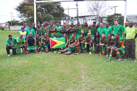 New Southern Zone Champs! The National Men’s 15s Rugby team pose for a photo following their 15-8 victory over Trinidad yesterday.