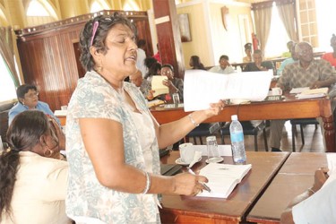 PPP/C Councillor Kamla Devi Ross during one of her many interruptions at yesterday’s  statutory meeting. 