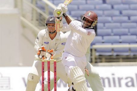 Guyana’s Shivnarine Chanderpaul pulls for four on the way to recording his 63rd test half century yesterday. (Photo courtesy of WICB media)
