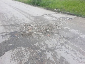 A pothole which has been filled with bricks.