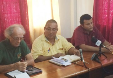 President of the GRFU, Peter Green makes a point at yesterday’s press briefing as Vice President, Mike McCormack (left) and Treasurer of the union, Roger Perreira look on. 