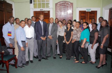 Members of Blue CAPS and affiliated organisations pose with Speaker of the National Assembly Raphael Trotman (at centre with striped tie) following a visit to the Parliament Buildings yesterday (Photo courtesy of Blue CAPS)