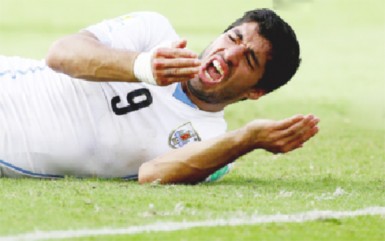 Uruguay striker Luis Suarez was at the center of another biting storm after appearing to sink his teeth into the shoulder of Italy defender Giorgio Chiellini during the teams’ decisive World Cup Group D game at the Dunas arena in Natal June 24, 2014. REUTERS/Tony Gentile  