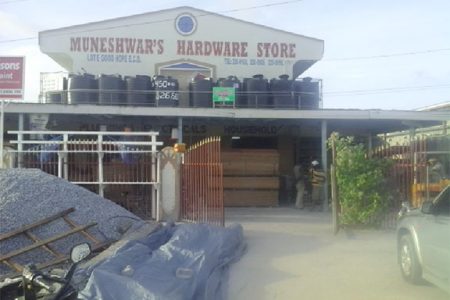 Muneshwar’s Hardware Store at Good Hope, East Coast Demerara after the robbery yesterday afternoon.
