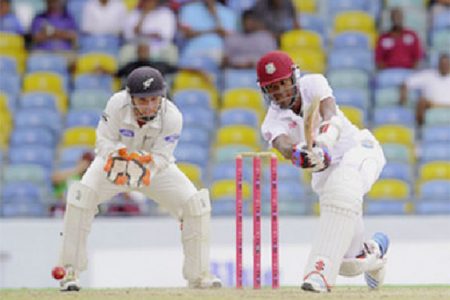 West Indies opening batsman Kraigg Brathwaite gathers runs on the leg side on the way to his fifth Test half century. (Photo courtesy of WICB media)
