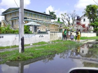 An area along Waterloo Street in front of the St John’s College is flooded with sewage as a result of the damage to a nearby main yesterday.