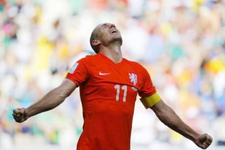 Arjen Robben of the Netherlands celebrates after winning their 2014 World Cup round of 16 game against Mexico at the Castelao arena in Fortaleza  yesterday. CREDIT: REUTERS/DOMINIC EBENBICHLER