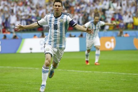 Argentina’s Lionel Messi celebrates after scoring against Nigeria yesterday. (Reuters photo)