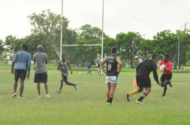  The national team in action during their final practice session yesterday at the National Park. (Orlando Charles photo)   