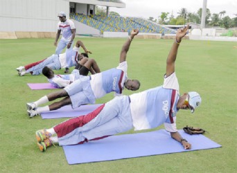  Some of the West Indies players doing warm up drills yesterday. (Photo courtesy of WICB media)   