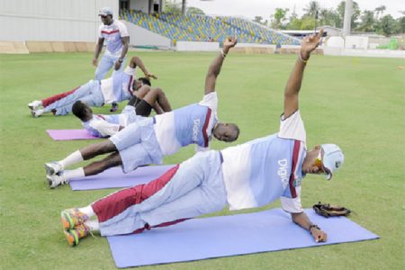  Some of the West Indies players doing warm up drills yesterday. (Photo courtesy of WICB media)
