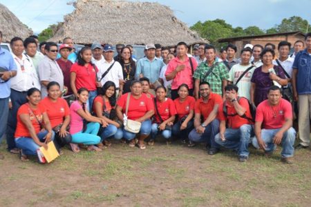 Minister of Amerindian Affairs, Pauline Sukhai (standing at centre) with some of the Toshaos of Region Nine communities and Community Support Officers (GINA photo)