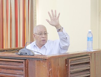 Key witness, former Guyana Defence Force Chief of Staff Norman McLean making a point during yesterday’s proceedings.