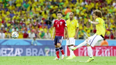 FORTALEZA, BRAZIL: David Luiz of Brazil scores his team’s second goal during the 2014 FIFA World Cup Brazil Quarter Final match between Brazil and Colombia at Estadio Castelao yesterday, 2014 in Fortaleza, Brazil. (FIFA.com photo) 