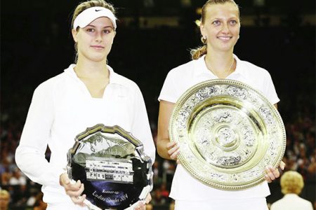 Runner-up Eugenie Bouchard (left) and Champion Petra Kvitova