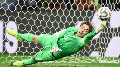 Goalkeeper Tim Krul of the Netherlands saves the last penalty shot against Costa Rica during a penalty shootout. (Reuters/Marcos Brindicci) 