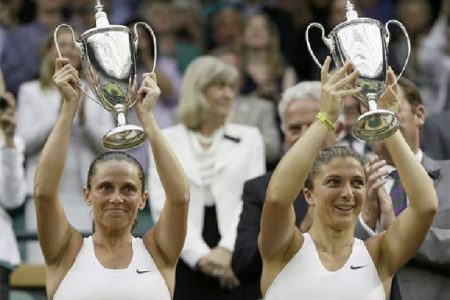 Sara Errani of Italy (R) and Roberta Vinci of Italy celebrate with their winners’ trophies. (Reuters/Stefan Wermuth)