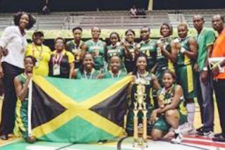 The winning Jamaica team pose with their trophy after beating Dominican Republic in the final. (Photo courtesy Fiba Americas) 