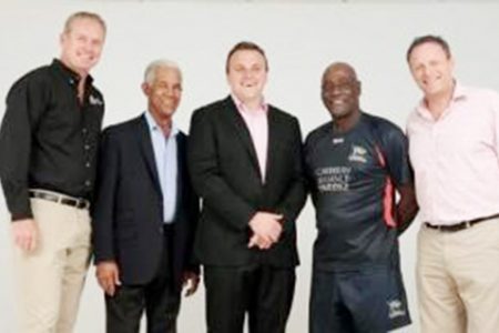 Sir Garry Sobers (second from left) and Sir Vivian Richards (fourth from left) pose with CPL Director of Cricket, Tom Moody (left); CPL CEO, Damien O’Donohoe (centre), CPL Chief Operations Officer, Pete Russell. 