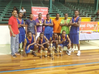 Newly crowned U-19 champions Kwakwani Secondary posing with their trophy and individual accolades following their win over Plaisance Academy.