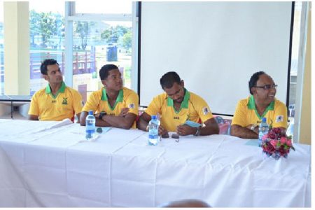 From left: Former Pakistan Captain, Mohammad Hafeez, and Guyana’s senior cricket team captain, Leon Johnson, West Indies test match, Amazon Warriors captain Denesh Ramdin and Omar Khan, Operations Manager, CPL OPCO at the seminar. (GINA photo)
