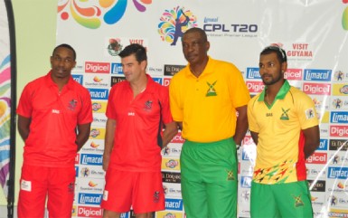 (From left) Trinidad Red Steel skipper Dwayne Bravo, Coach Simon Helmot, Guyana Amazon Warriors coach Roger Harper and skipper Denesh Ramdin 