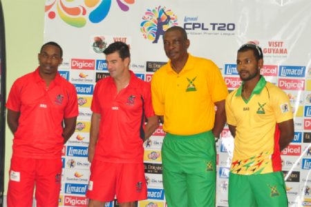 (From left) Trinidad Red Steel skipper Dwayne Bravo, Coach Simon Helmot, Guyana Amazon Warriors coach Roger Harper and skipper Denesh Ramdin