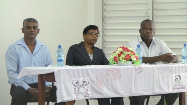  From left: UGBC lecturer R Sookraj, Region 6 Education Officer Bhagmatie La Cruz and UGBC lecturer Dr Grayson Halley.