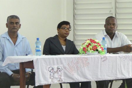  From left: UGBC lecturer R Sookraj, Region 6 Education Officer Bhagmatie La Cruz and UGBC lecturer Dr Grayson Halley.