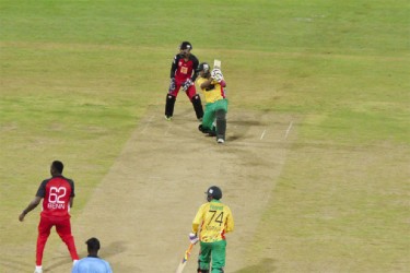 Christopher Barnwell in attack mode last night at the Providence Stadium. The Guyana Amazon Warriors won after an exciting super over contest. (Orlando Charles photo) 