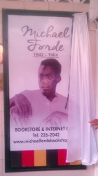 A picture of Michael Forde was unveiled at the front of the renovated Michael Forde Bookstore and Internet Café by Prime Minister Samuel Hinds yesterday at the opening ceremony.  
