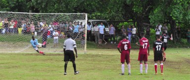 Region Five champions Bush Lot Secondary scoring their opening goal against Region One champions Port Kaituma Secondary. 