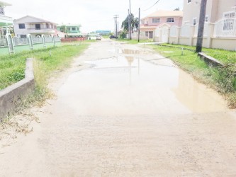 A water-filled crater stretches across one of the roads in Area Q, Turkeyen. 