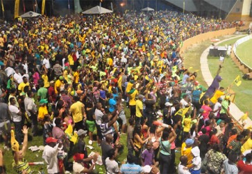 A section of the crowd at the Grass Mound at the National Stadium at Providence during one of the matches of this year’s CPL tournament. (Orlando Charles photo)         