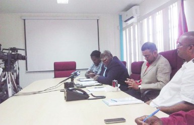 From left: Permanent Secretary, Ministry of Natural Resources and the Environment, Joslyn McKenzie, Chairman of the Board of the Guyana Geology and Mines Commission (GGMC), Clinton Williams, Minister of Natural Resources and the Environment, Robert Persaud and GGMC’s Commissioner, Rickford Vieira during the press conference. (GINA photo) 