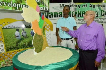 President Donald Ramotar seems impressed with this display at the Guyana Rice Development Board booth at the 10th Annual Berbice Expo and Trade Fair yesterday. (GINA photo)﻿