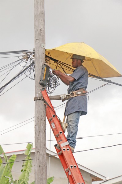 Ready for any weather: A Guyana telephone and Telegraph Company worker utilizing a large umbrella to continue working on a utility pole during a shower yesterday along Forshaw Street, Queenstown. (Photo by Arian Browne)