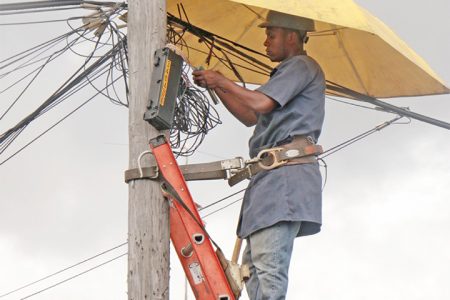 Ready for any weather: A Guyana telephone and Telegraph Company worker utilizing a large umbrella to continue working on a utility pole during a shower yesterday along Forshaw Street, Queenstown. (Photo by Arian Browne)