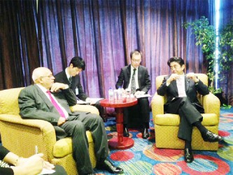 President Donald Ramotar (left) and Prime Minister of Japan Shinzo Abe (right) during the meeting.