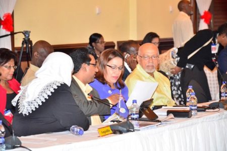 From right: President Donald Ramotar and Guyana’s Foreign Affairs Minister Carolyn Rodrigues-Birkett and Legal Affairs Minister Anil Nandlall at the 35th Meeting of the Caricom Heads of Government on Wednesday. (Photo via GINA)