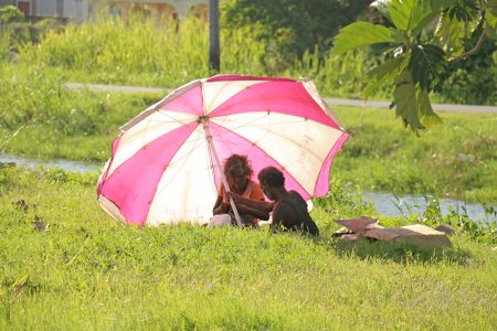 These vagrants were relaxing under a large umbrella on the Lamaha Street embankment.