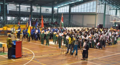  Prime Minister, Samuel Hinds declaring the 2014 IGG open yesterday at the Cliff Anderson Sports Hall. (Orlando Charles photo)