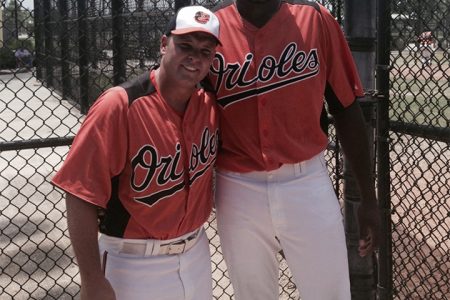 Jamaal Anderson, right, is at present enjoying lots of attention at the MLB Orioles Academy where he is on a tryout. (Photo courtesy of Guyana Baseball League).